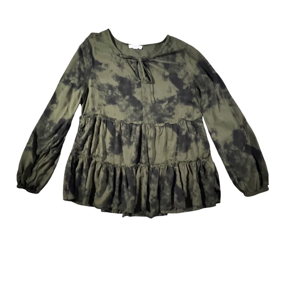 Beach Lunch Lounge Blouse Womens Medium Olive Green Tie‎ Dye Tiered Babydoll Top